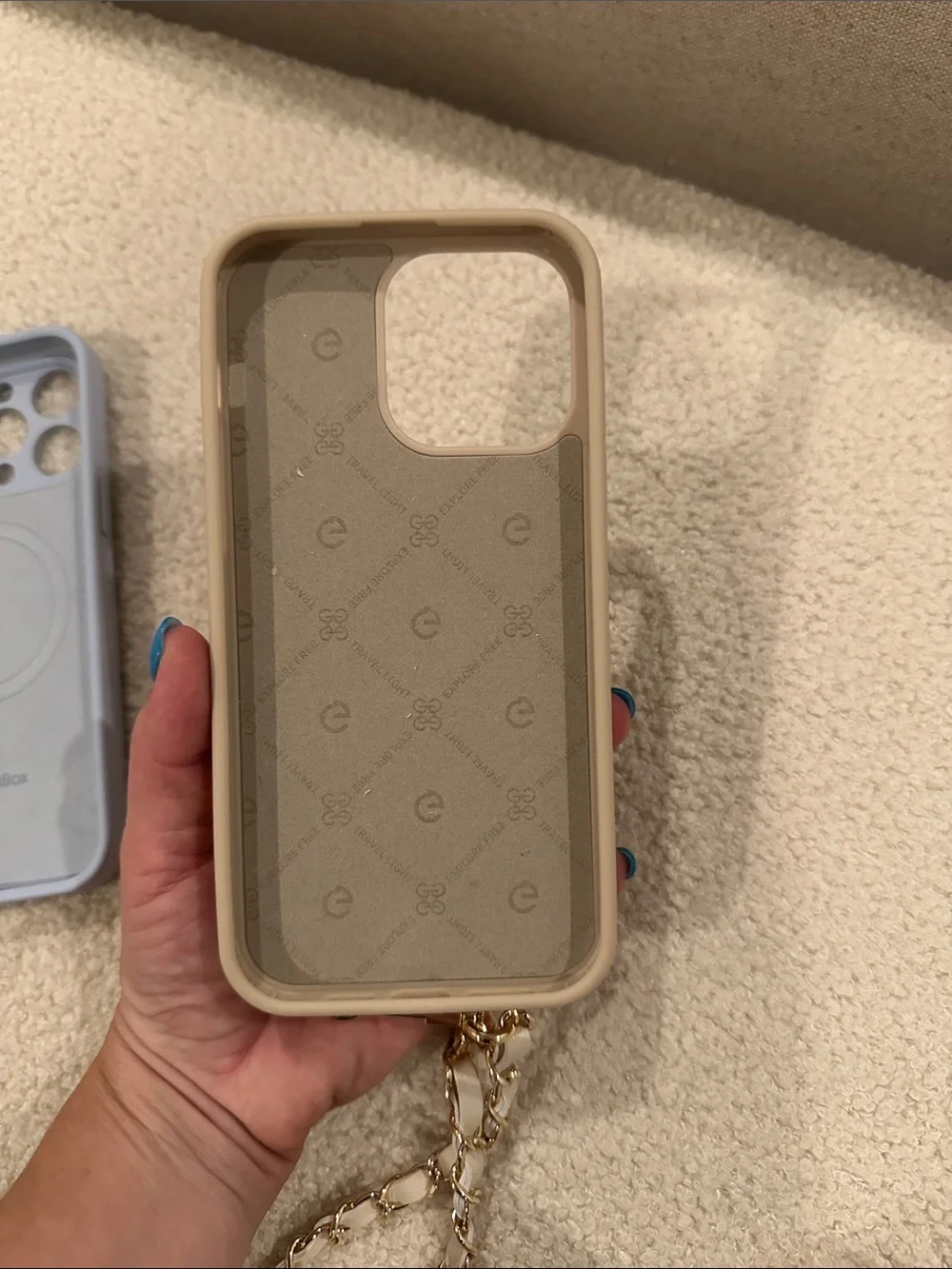 iPhone 14 Pro Max - Cream Quilted Phone Case with Gold Chain and Blue Phone Case
